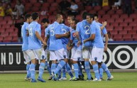 Napoli’s players celebrate after scoring