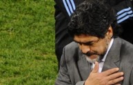 Argentina’s coach Diego Maradona looks d