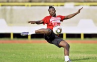 Ghanaian striker Asamoah Gyan kicks the