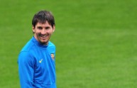 FC Barcelona’s forward Lionel Messi reac