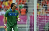 Italian goalkeeper Gianluigi Buffon reac