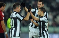 L’esultanza di Padoin, Giovinco e Bonucci (C.I. 12/13 Juventus-Cagliari 1-0)