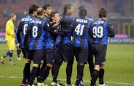L’esultanza dei giocatori dell’Inter al gol di Guarin (CI 12/13 – Inter-Verona 2-0)